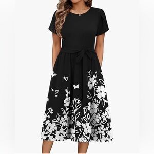 zeagoo Black & White Floral Midi Dress with Tie Waist